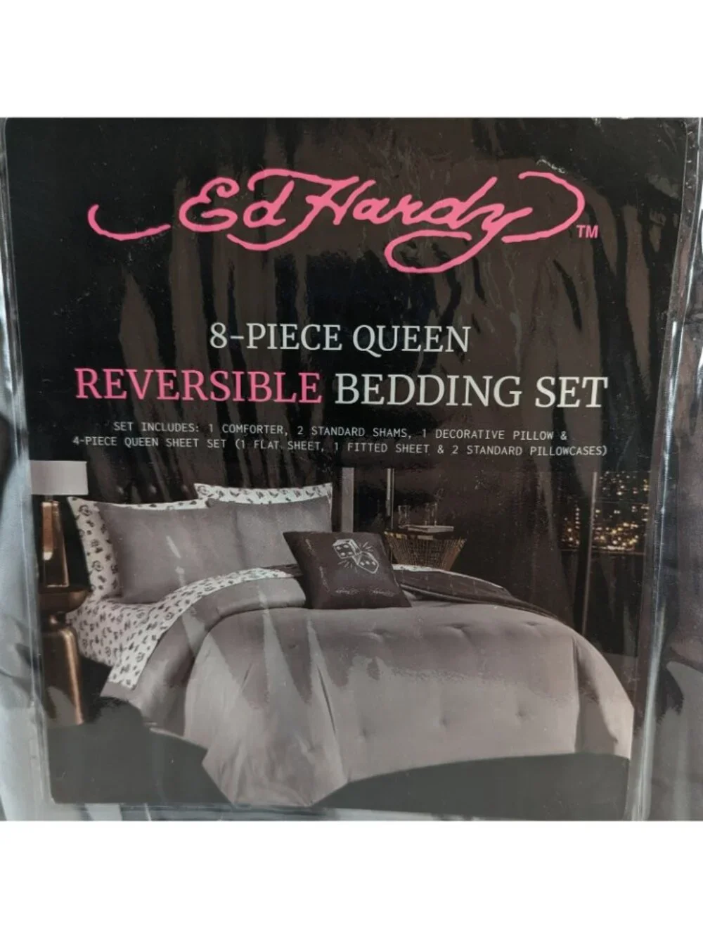 Ed Hardy Queen Comforter Bed Set w Shams Pillow Sheets Black White Dice Skull